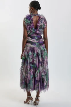 Robe Longue En Tulle À Volants Motif Floral Flou
