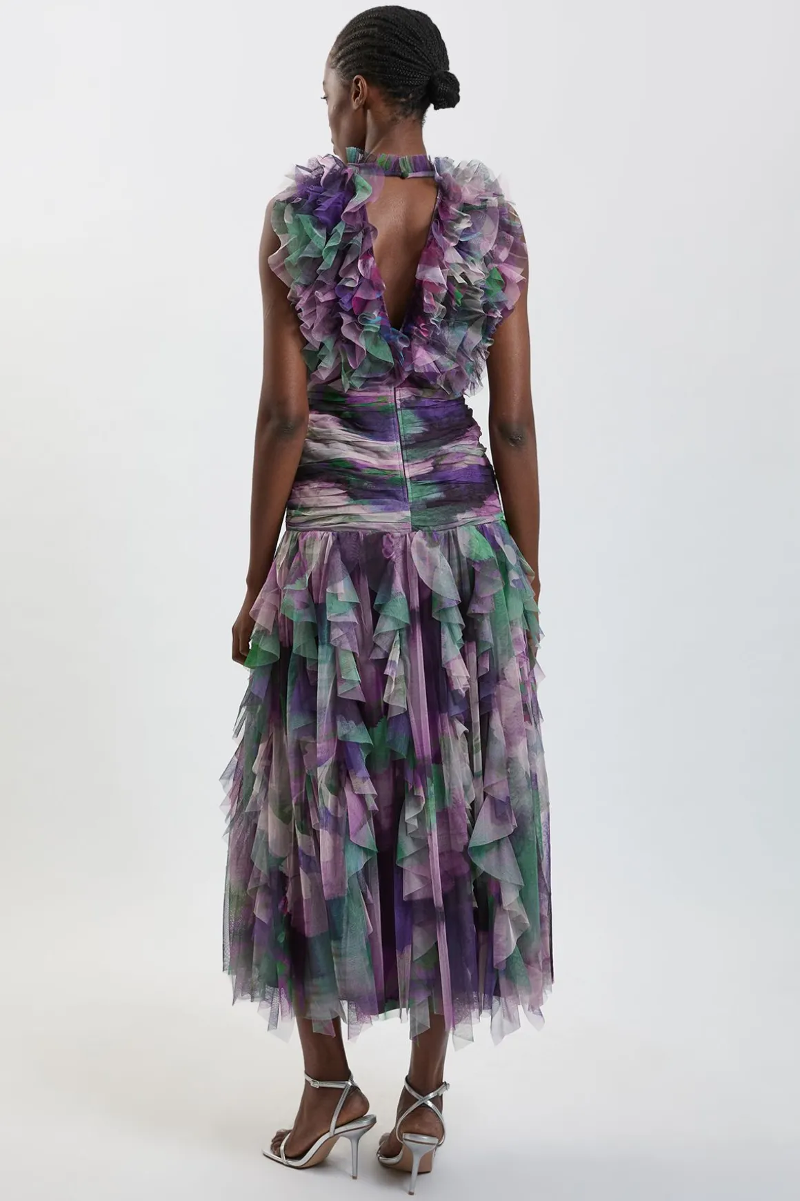 Robe Longue En Tulle À Volants Motif Floral Flou