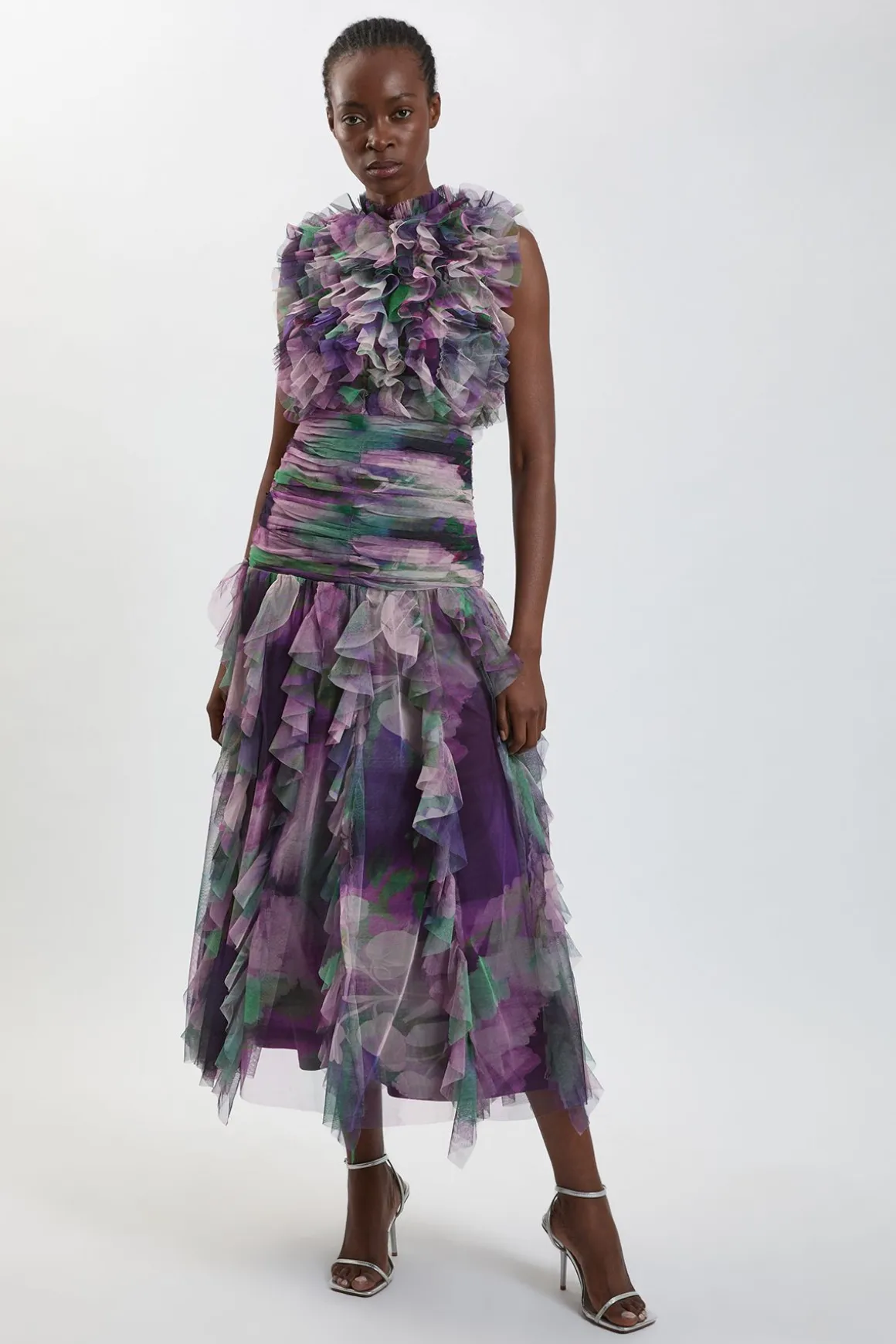 Robe Longue En Tulle À Volants Motif Floral Flou