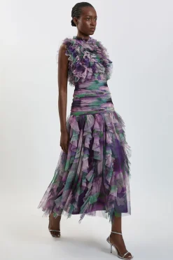 Robe Longue En Tulle À Volants Motif Floral Flou