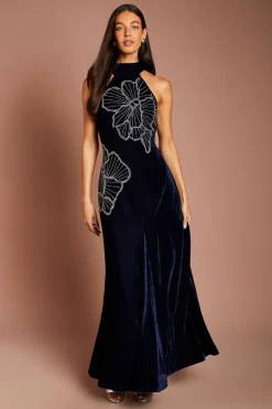 Robe Longue En Velours À Col Licou Ornée De Motifs Floraux