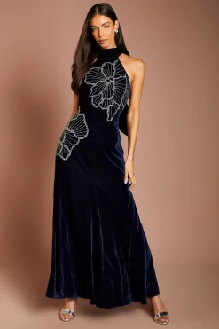 Robe Longue En Velours À Col Licou Ornée De Motifs Floraux