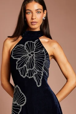Robe Longue En Velours À Col Licou Ornée De Motifs Floraux