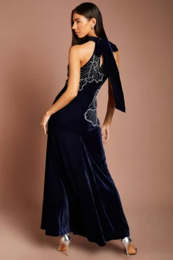 Robe Longue En Velours À Col Licou Ornée De Motifs Floraux