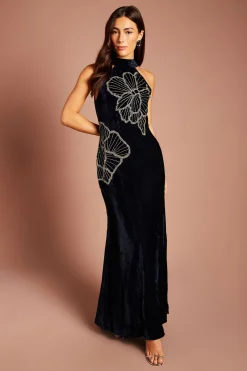 Coast Robe Longue En Velours À Col Licou Ornée De Motifs Floraux<Femme Toutes Les Robes|Robes