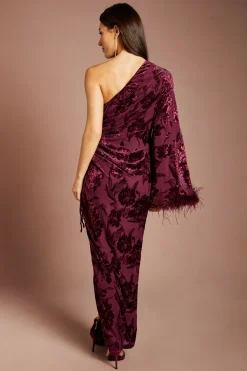 Coast Robe Longue En Velours Dévoré À Épaule Asymétrique Et Manchette À Plumes<Femme Robes|Robes Longues