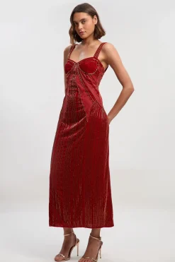 Robe Longue en Velours Ornée à Bretelles