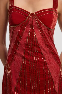 Robe Longue en Velours Ornée à Bretelles