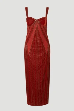 Robe Longue en Velours Ornée à Bretelles