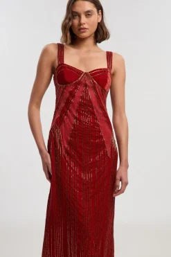 Robe Longue en Velours Ornée à Bretelles