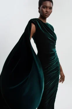 Robe Longue en Velours Stretch à Col Rond et Épaules Cape