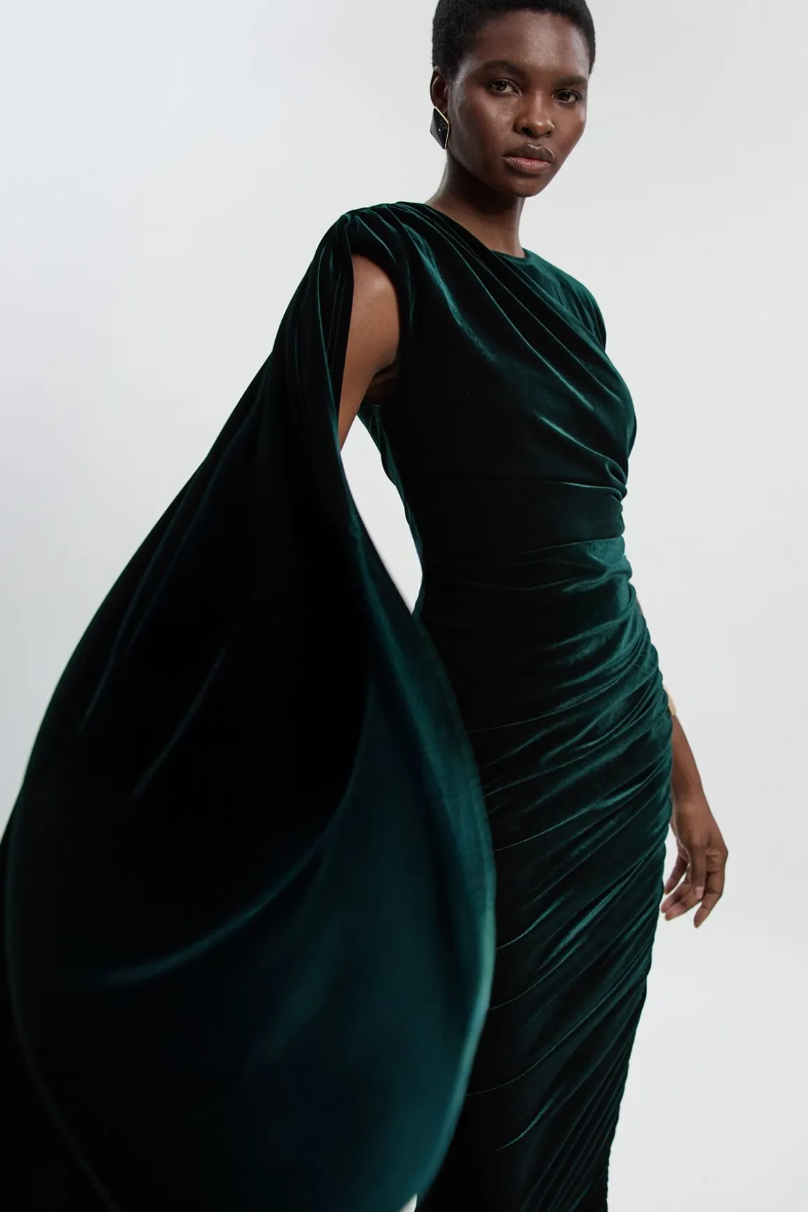 Robe Longue en Velours Stretch à Col Rond et Épaules Cape