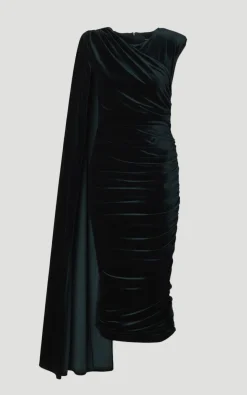 Robe Longue en Velours Stretch à Col Rond et Épaules Cape