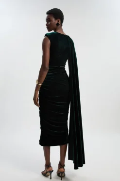 Robe Longue en Velours Stretch à Col Rond et Épaules Cape