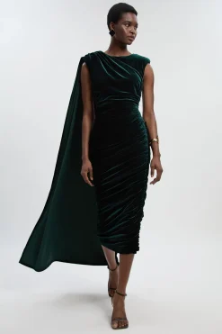 Robe Longue en Velours Stretch à Col Rond et Épaules Cape