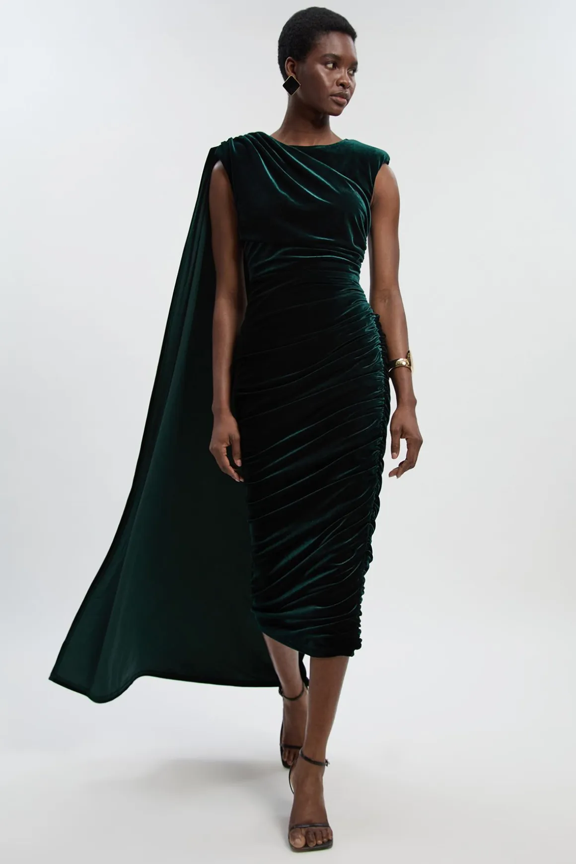 Robe Longue en Velours Stretch à Col Rond et Épaules Cape