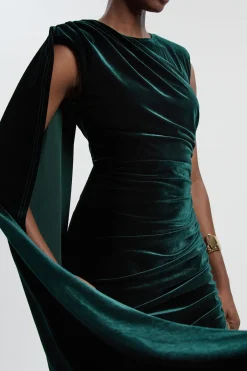 Robe Longue en Velours Stretch à Col Rond et Épaules Cape