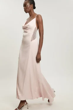 KarenMillen Robe Longue En Viscose Satinée Coupée En Biais Avec Insertions De Dentelle<Femme Satin Et Dentelle|Robes