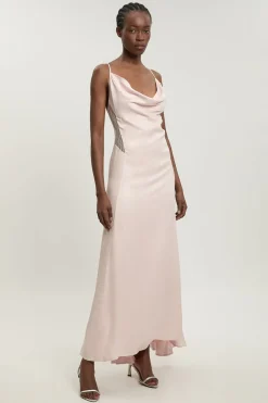 KarenMillen Robe Longue En Viscose Satinée Coupée En Biais Avec Insertions De Dentelle<Femme Satin Et Dentelle|Robes
