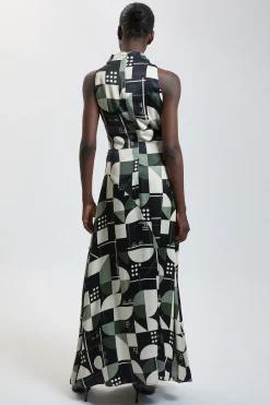 Robe Longue En Viscose Satinée Imprimée Avec Encolure Drapée