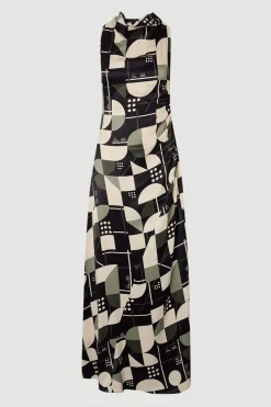 Robe Longue En Viscose Satinée Imprimée Avec Encolure Drapée