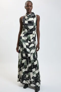Robe Longue En Viscose Satinée Imprimée Avec Encolure Drapée