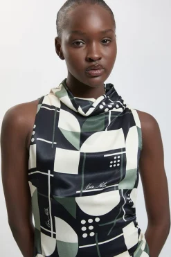 Robe Longue En Viscose Satinée Imprimée Avec Encolure Drapée