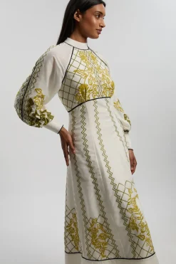 Robe Longue En Voile Tissé À Manches Ballon Et Broderie Ajourée