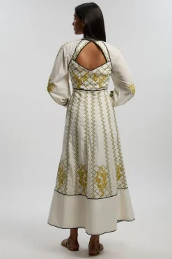 Robe Longue En Voile Tissé À Manches Ballon Et Broderie Ajourée