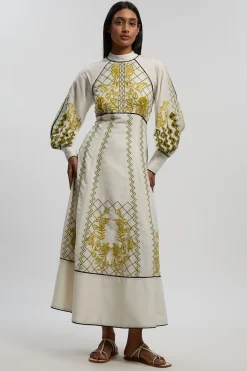 Robe Longue En Voile Tissé À Manches Ballon Et Broderie Ajourée