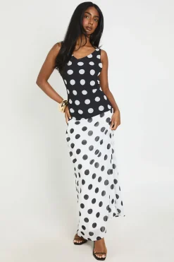 boohoo Robe Longue Fendue À Dos Bénitier Et Imprimé Pois Bicolore<Femme Pois|Robes
