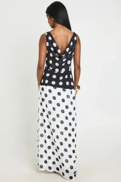 boohoo Robe Longue Fendue À Dos Bénitier Et Imprimé Pois Bicolore<Femme Pois|Robes
