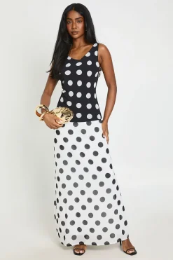 boohoo Robe Longue Fendue À Dos Bénitier Et Imprimé Pois Bicolore<Femme Pois|Robes