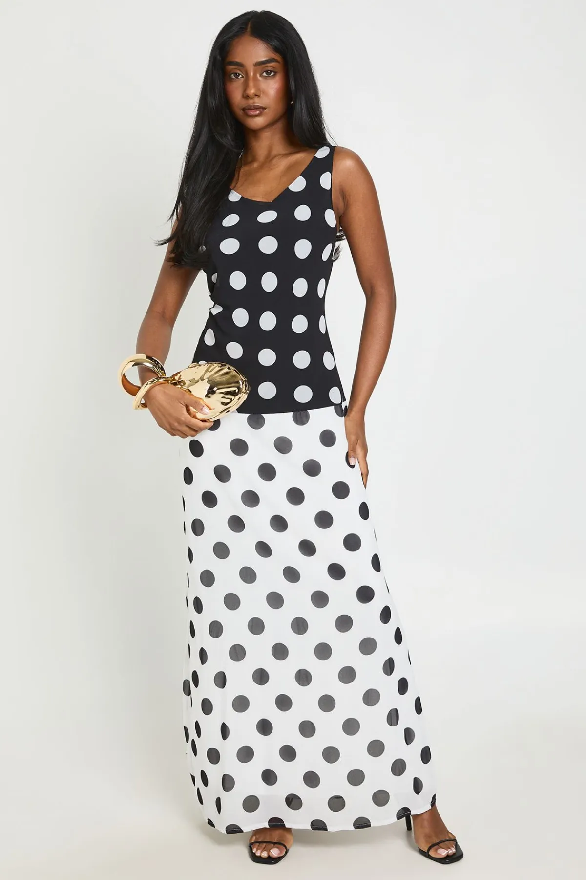 boohoo Robe Longue Fendue À Dos Bénitier Et Imprimé Pois Bicolore<Femme Pois|Robes