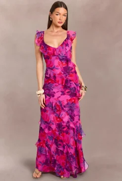 Robe Longue Florale Dos Nu En Mousseline Avec Détails De Volants