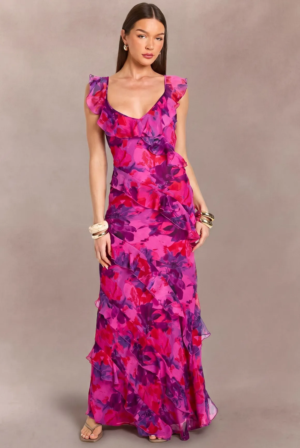 Robe Longue Florale Dos Nu En Mousseline Avec Détails De Volants