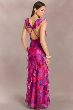 Robe Longue Florale Dos Nu En Mousseline Avec Détails De Volants