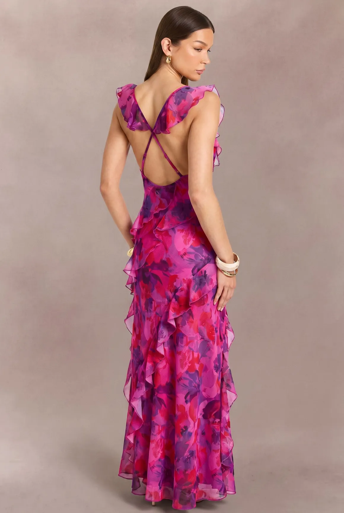 Robe Longue Florale Dos Nu En Mousseline Avec Détails De Volants