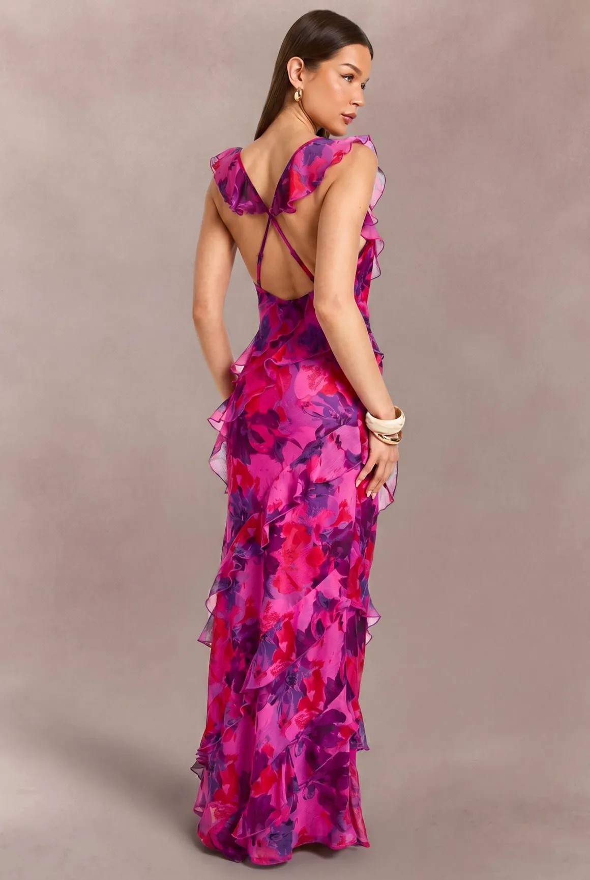 Robe Longue Florale Dos Nu En Mousseline Avec Détails De Volants