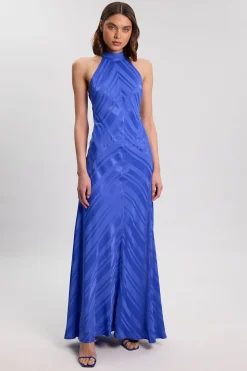 Robe Longue Fluide À Col Halter Avec Détail De Tissu À Rayures Petite Taille