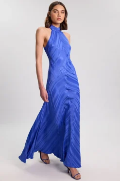 Robe Longue Fluide À Col Halter Avec Détail De Tissu À Rayures Petite Taille
