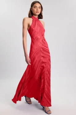 Robe Longue Fluide À Encolure Dos-nu Avec Détail De Tissu Rayé