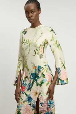 Robe Longue Fluide En Crêpe Satiné De Viscose À Imprimé Fleuri