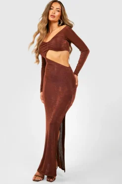 Robe longue froncée à col bateau