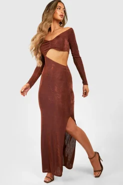 Robe longue froncée à col bateau