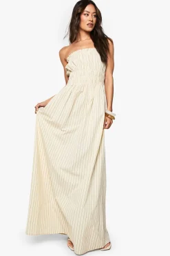 boohoo Robe Longue Froncée À Rayures Aspect Lin Tall<Femme Robes|Robes De Jour