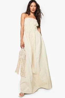 boohoo Robe Longue Froncée À Rayures Aspect Lin Tall<Femme Robes|Robes De Jour