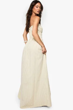 boohoo Robe Longue Froncée À Rayures Aspect Lin Tall<Femme Robes|Robes De Jour