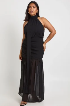 Robe Longue Grande Taille Col Licou Avec Détail Foulard Et Jupe Évasée