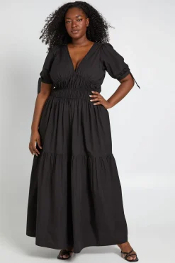 Robe Longue Grande Taille À Encolure En V Et Manches Bouffantes